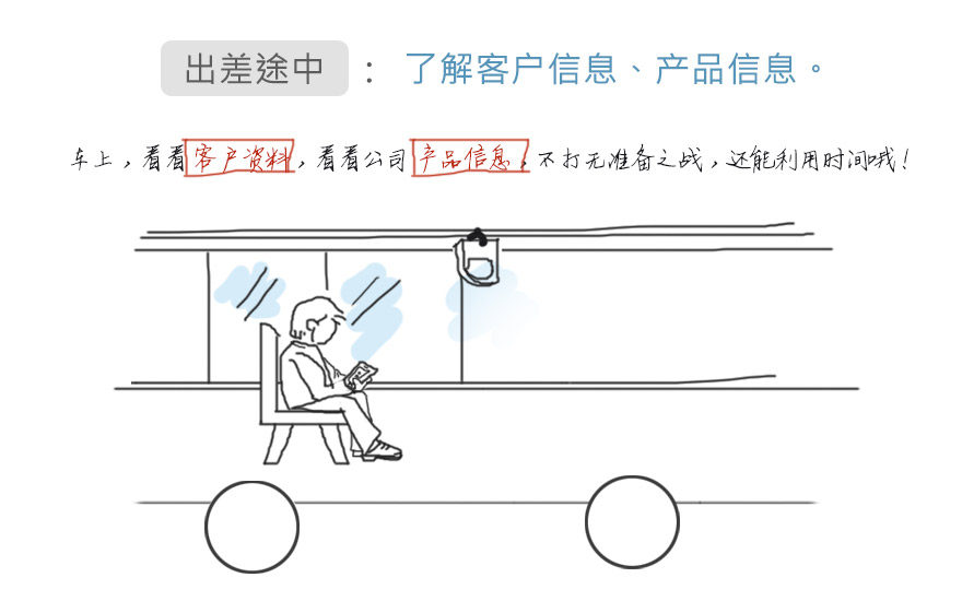 出差途中，使用金智随身行了解客户信息、产品信息。